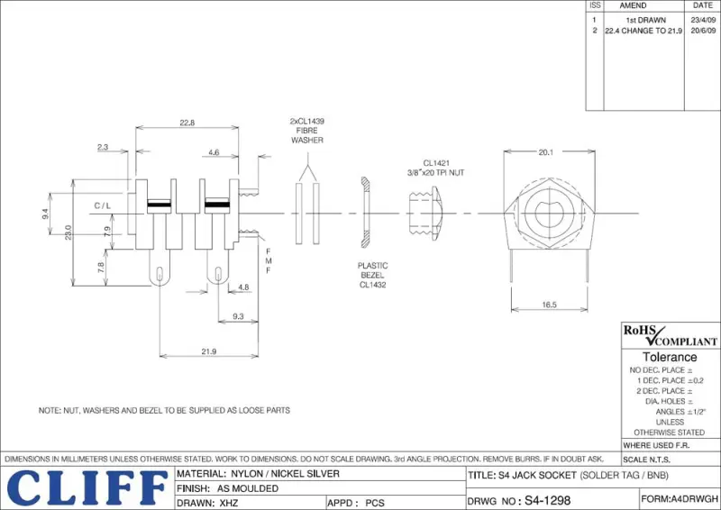 Cliff 1298 6,3 mm Mono Klinkenbuchse, geschaltet