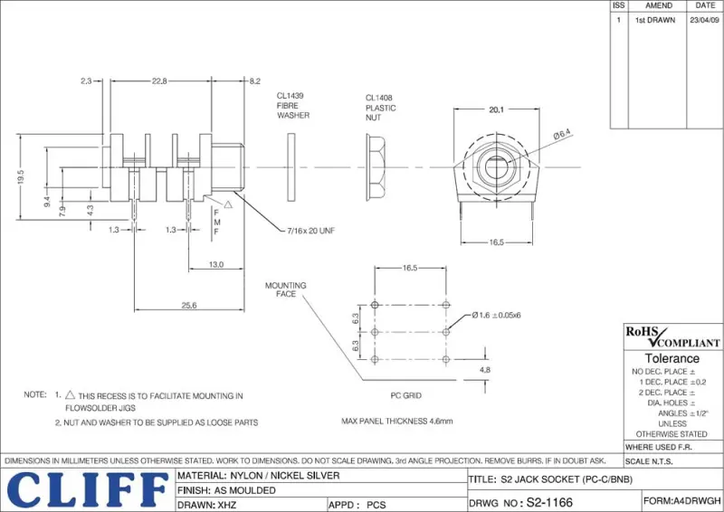Cliff 1166 6,3 mm mono jack PCB