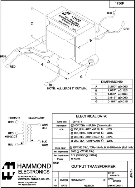 Hammond 1750F for Fender Outputtransformer 049969 Blues Junior