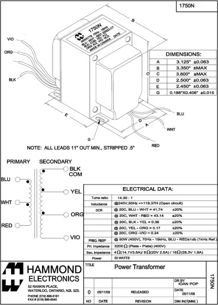 Hammond 1750N Übertrager für Marshall JCM800 50 Watt