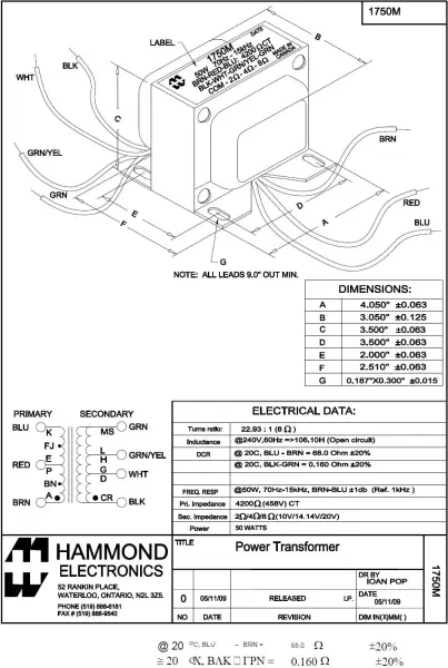 Hammond 1750M for Fender Übertrager 125A13A / 022871