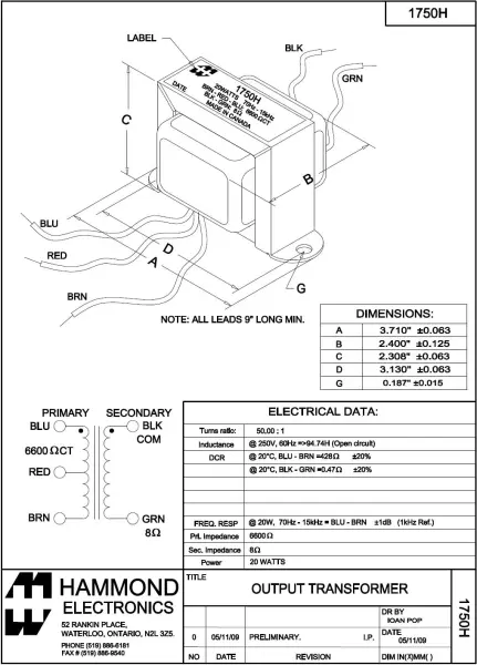 Hammond 1750H für Fender Übertrager 125A1A / 022640 Deluxe