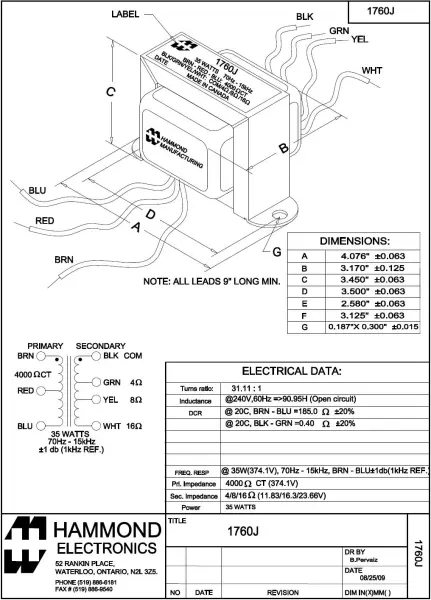 Hammond 1760J for Fender Outputtransformer 125A6A / 022848 UPGRADE Vibrolux