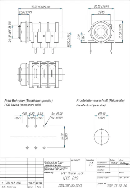 Rean NYS219 - 6,3 mm (1/4") stereo input jack