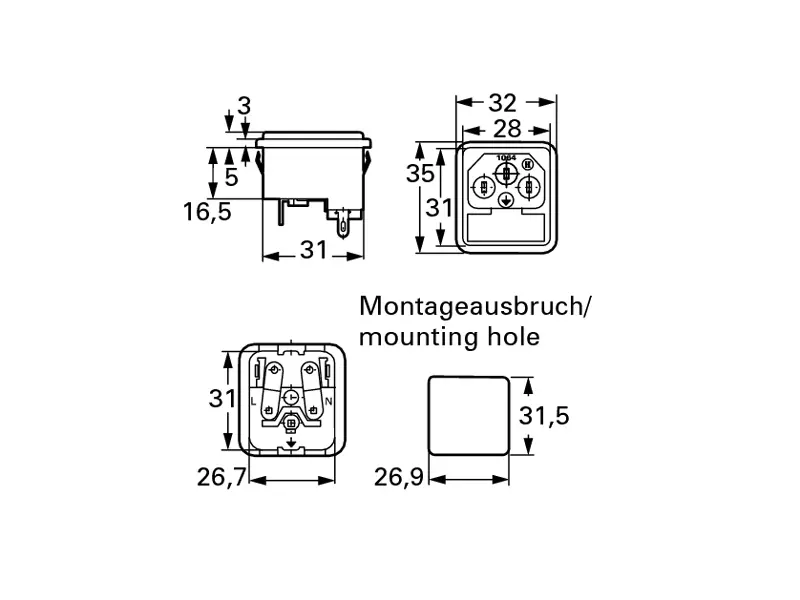 Power Jack IEC320 / C14 w/ fuseholder, Snap-in, Schurter