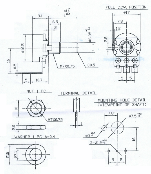 Potentiometer Alpha 16 PCB 500k log / Audio - angled