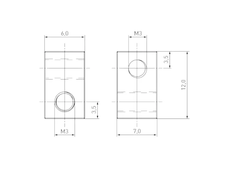 Gewindeblock 12x7x6 mm /  2xM3