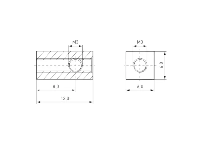 Gewindeblock 12x6x6 mm /  2xM3