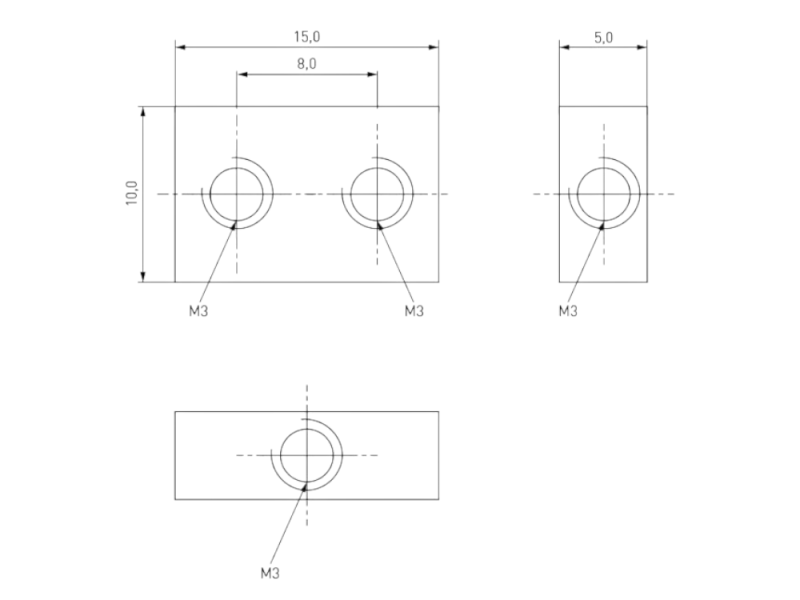Gewindeblock Montageblock 15x10x5 mm / 4xM3