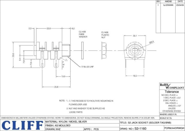 Cliff 6,3 mono input jack, gold plated