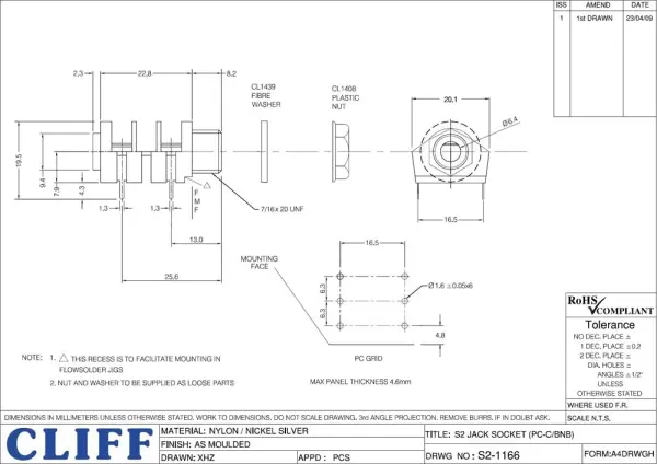 Cliff 1166 6,3 mm mono jack PCB