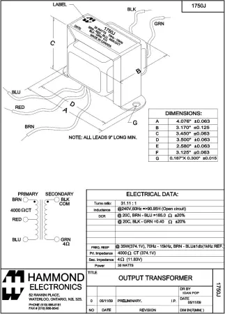 Hammond 1750J for Fender Outputtransformer 125A6A / 022848 Tremolux