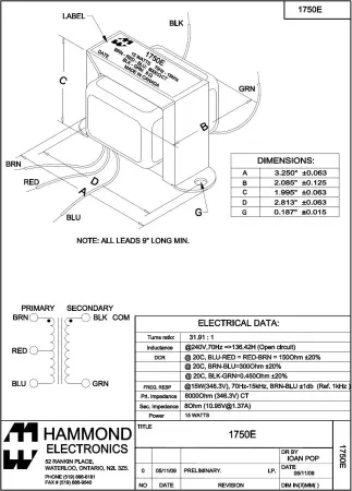 Hammond 1750E for Fender OT 125A10B / 022913 Princeton