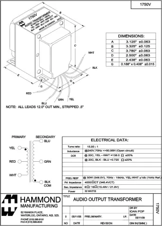Hammond 1750V VOX®-Stil Übertrager AC30 Vintage