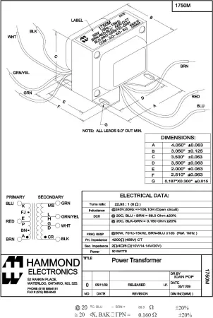 Hammond 1750M for Fender Übertrager 125A13A / 022871