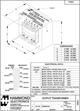 Hammond 1750X Übertrager für Marshall JCM900 100 Watt