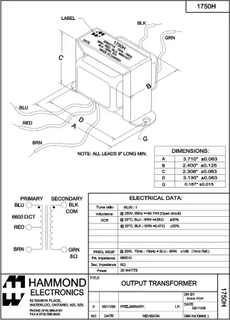 Hammond 1750H für Fender Übertrager 125A1A / 022640 Deluxe