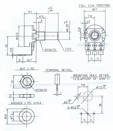Potentiometer Alpha 16 PCB 250k linear - angled