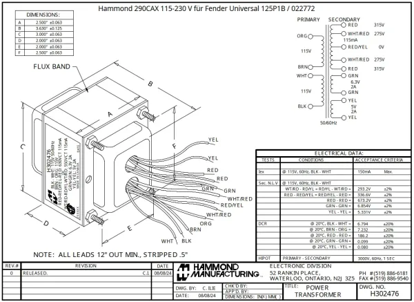 Hammond 290CAX - 230 V für Fender Universal 125P1B / 022772