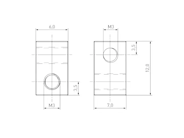 Gewindeblock 12x7x6 mm /  2xM3