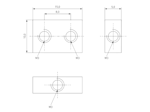 Gewindeblock Montageblock 15x10x5 mm / 4xM3